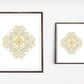 Art work featuring a detailed geometric mandala design in gold lines intricately layered to form a symmetrical pattern