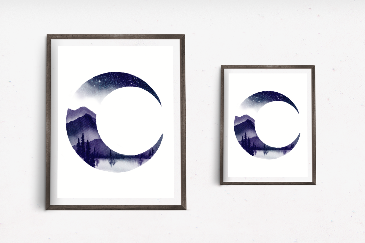 Art print of the crescent moon with a mountainous landscape, a lake, and pine trees filling the crescent shape