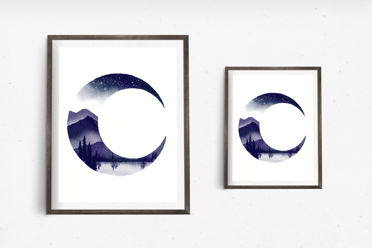 Art print of the crescent moon with a mountainous landscape, a lake, and pine trees filling the crescent shape