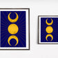 A celestial art print featuring the triple moon symbol, with two crescent moons flanking a full sun all in gold