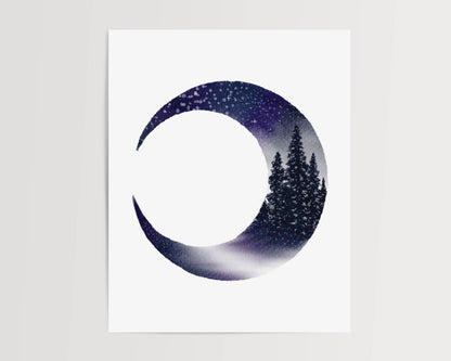 Art print featuring the waxing crescent moon with pine trees inside creating a wintery night scene