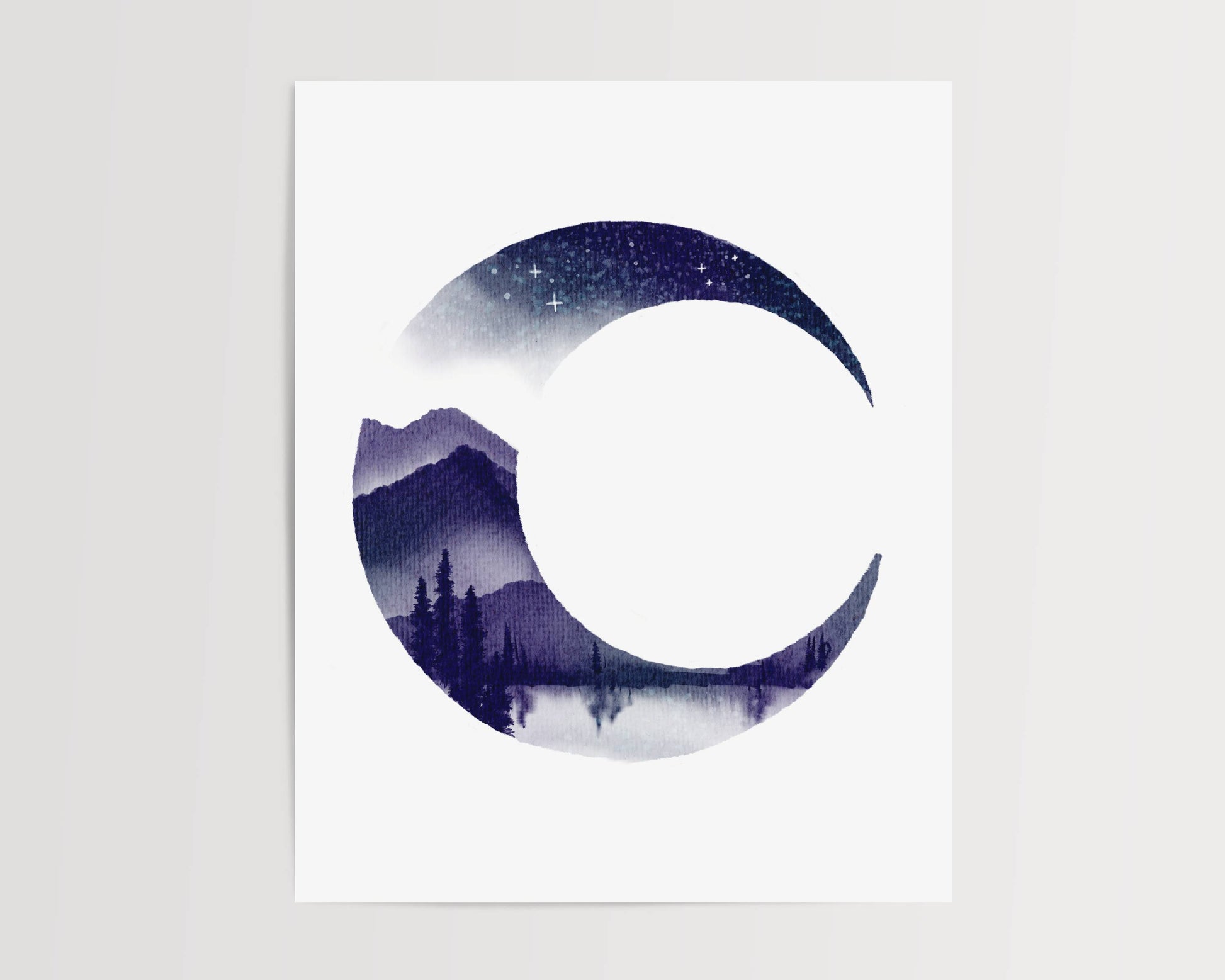 Art print of the crescent moon with a mountainous landscape, a lake, and pine trees filling the crescent shape