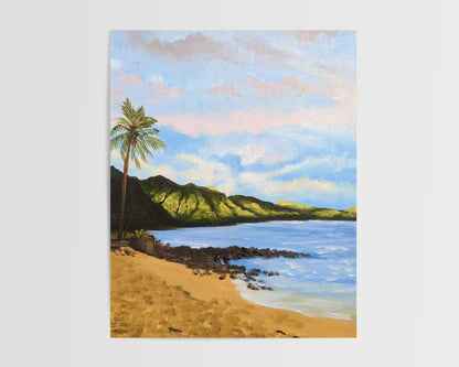 Art print of a serene Hawaiian beach, featuring a palm tree, golden sand and a calm sea with rolling hills in the distance