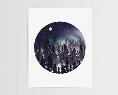 A circular full moon art print featuring dark purple hues with tall silhouettes of pine trees beneath a starry sky