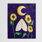 Art print of a spongy moth surrounded by sunflowers under a crescent moon in a starry night sky