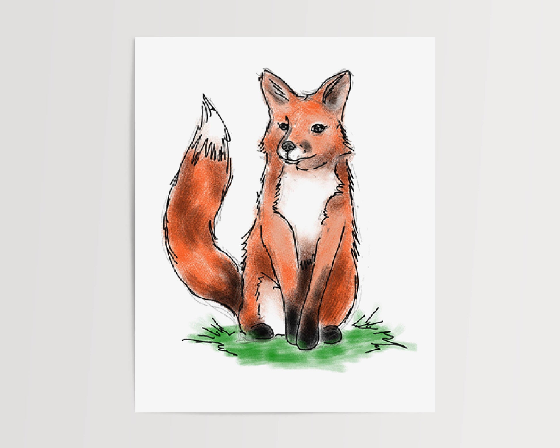 A playful art print of a sitting red fox, doodled with a vibrant orange coat and green grass beneath it