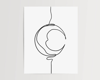 Art print with a minimalist black line drawing of a crescent moon creating an artistic representation of the moon's shape