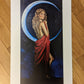 Art print of a moon goddess standing gracefully with a crescent moon behind her wearing a flowing red dress