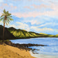 Art print of a serene Hawaiian beach, featuring a palm tree, golden sand and a calm sea with rolling hills in the distance