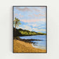 Canvas art print featuring a serene Hawaii beach with palm trees, gentle ocean waves, and distant mountains under a pastel sky