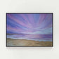 Art print of a beautiful purple sunset over a tranquil beach with soft purple, navy and pink hues in the sky
