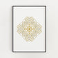 Art work featuring a detailed geometric mandala design in gold lines intricately layered to form a symmetrical pattern
