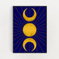 A celestial art print featuring the triple moon symbol, with two crescent moons flanking a full sun all in gold