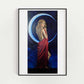 Art print of a moon goddess standing gracefully with a crescent moon behind her wearing a flowing red dress