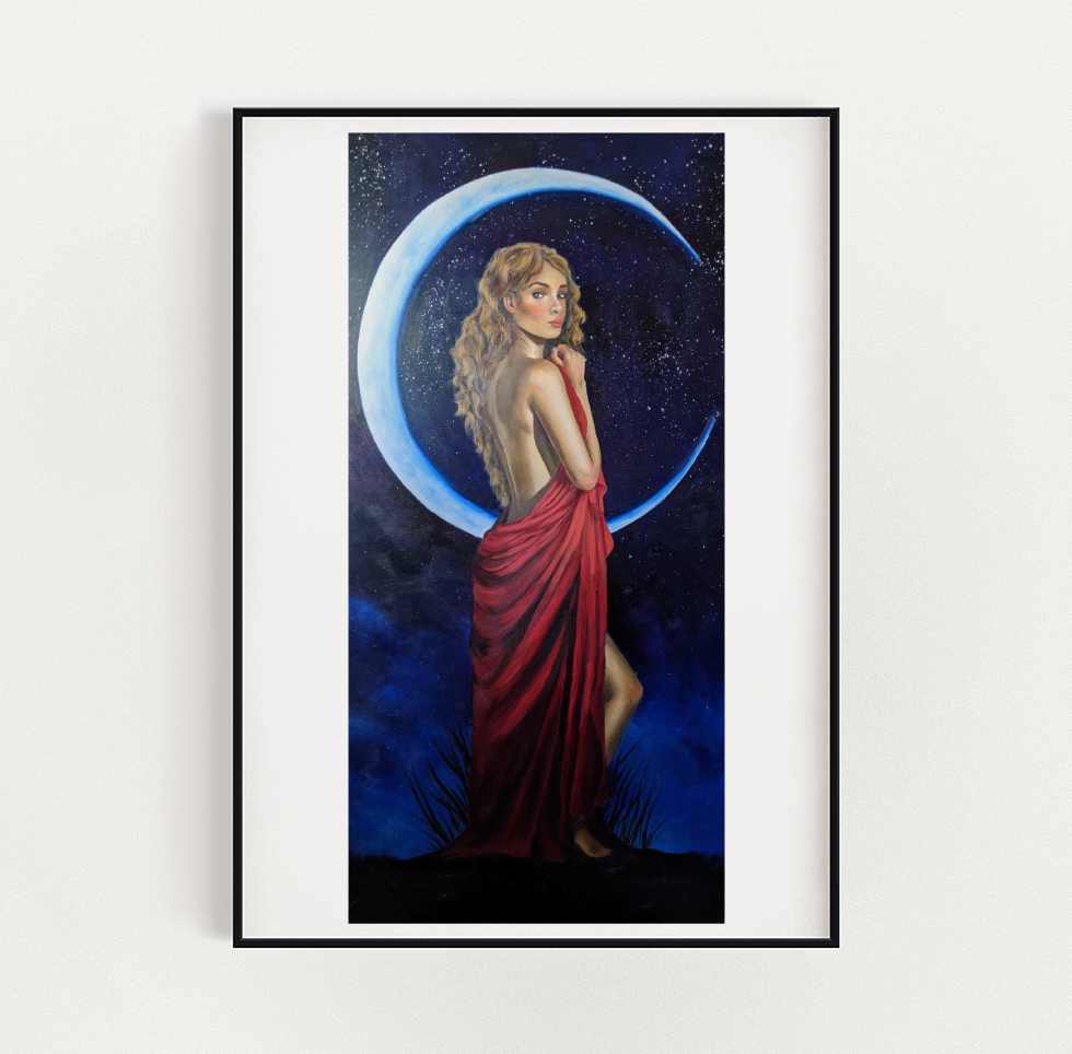 Art print of a moon goddess standing gracefully with a crescent moon behind her wearing a flowing red dress