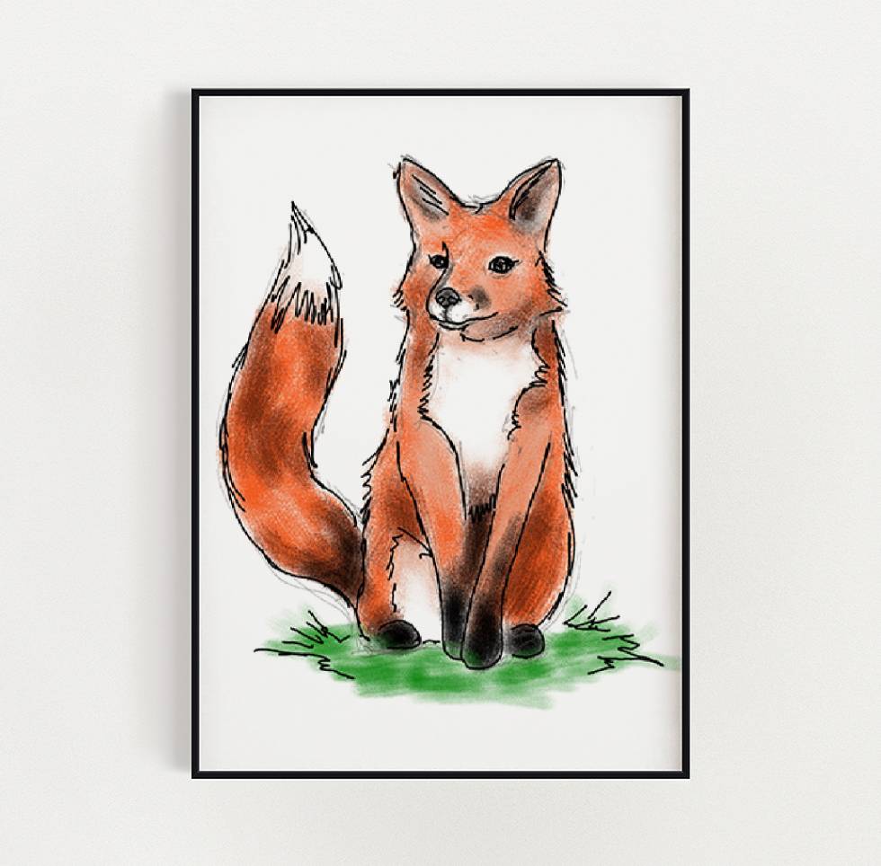 A playful art print of a sitting red fox, doodled with a vibrant orange coat and green grass beneath it