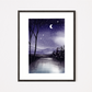 Art print of a night scene with the waning gibbous moon shining above a calm lake surrounded by silhouetted trees and mountains in the distance