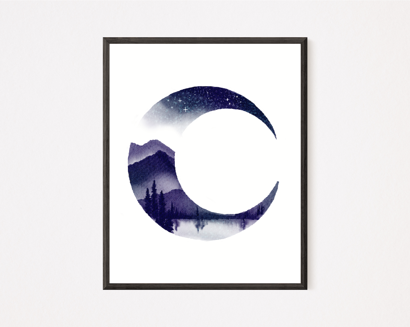 Art print of the crescent moon with a mountainous landscape, a lake, and pine trees filling the crescent shape