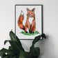 A playful art print of a sitting red fox, doodled with a vibrant orange coat and green grass beneath it