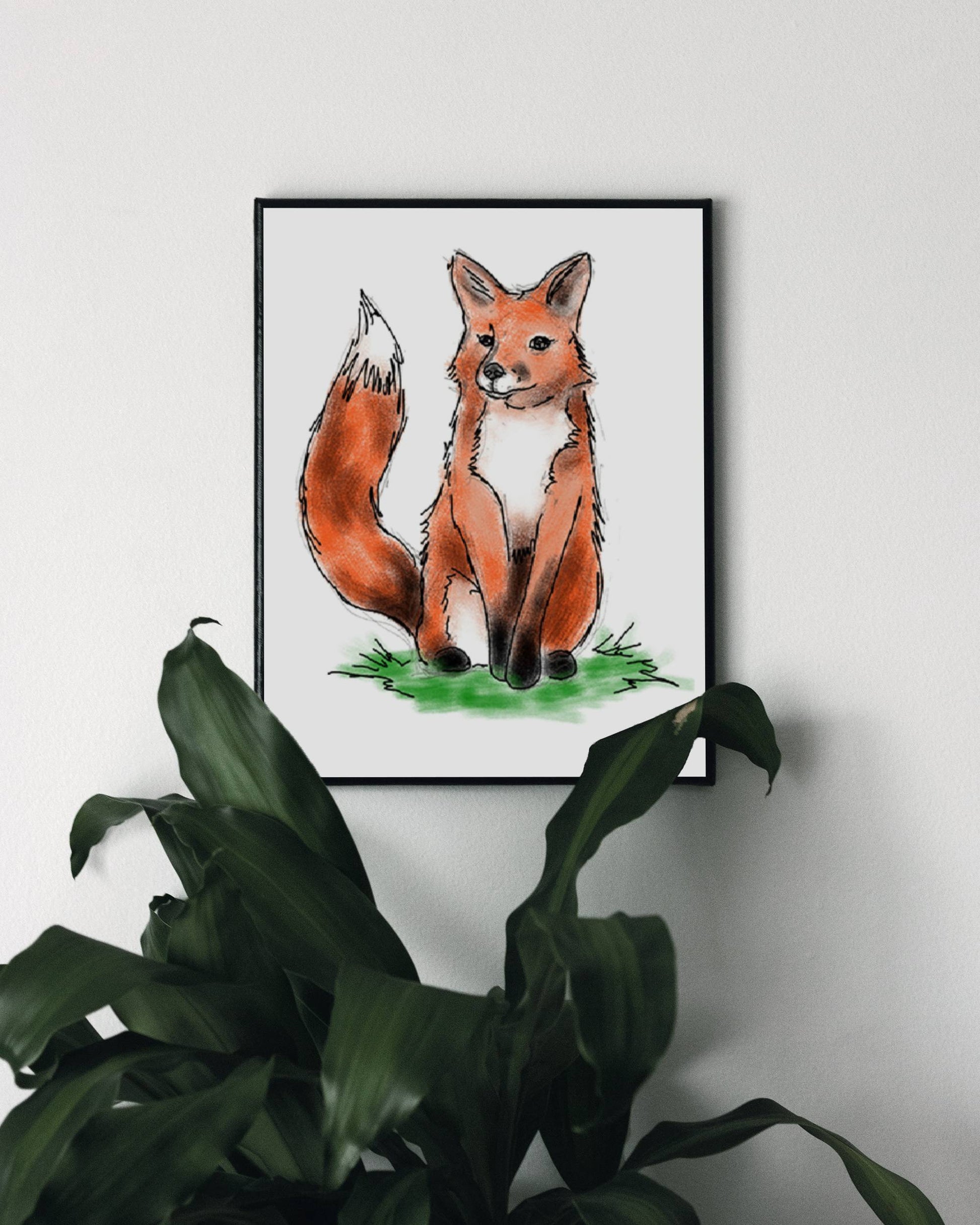 A playful art print of a sitting red fox, doodled with a vibrant orange coat and green grass beneath it